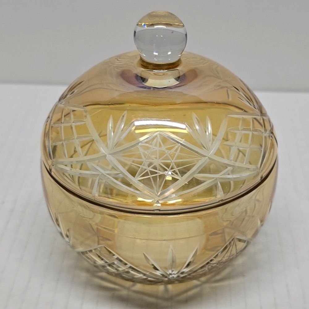 Vintage Cut Crystal Glass Amber Candy Dish Lidded Jar
